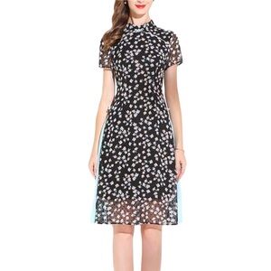 NWT Gyalwana black multi color floral print short sleeve dress 10 / XL